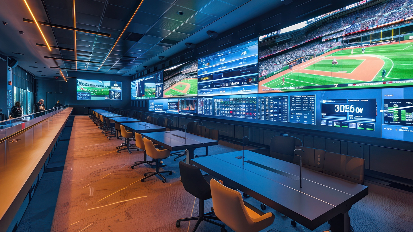 A sports management facility with sport action and statistics in background.