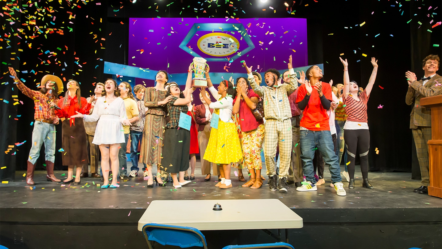 Spelling bee championship scene from a UNC Theatre Education stage production.