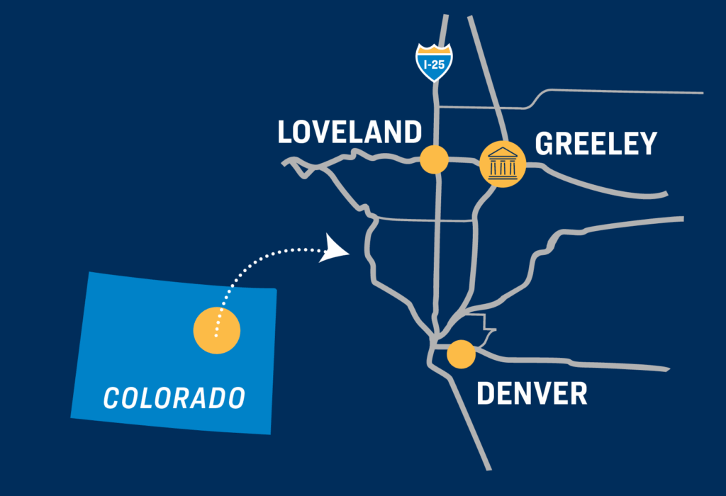 Simplified map representation of the UNC locations in Greeley, Denver and Loveland, Colorado.